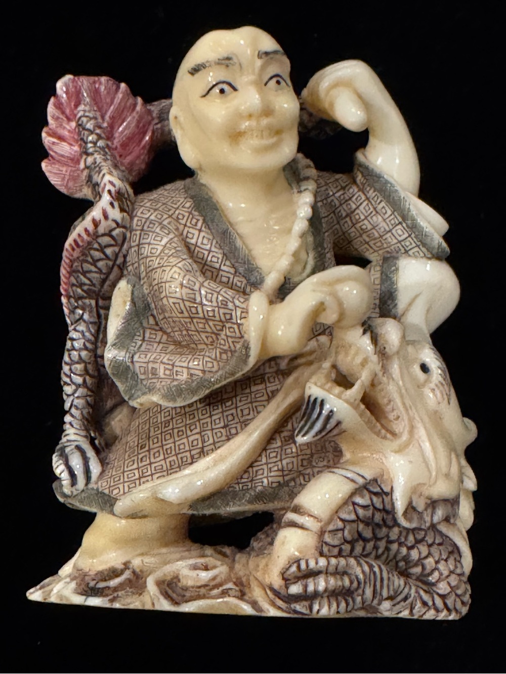 Vintage Faux Ivory (Composite?) Elder or Immortal and Dragon Okimono